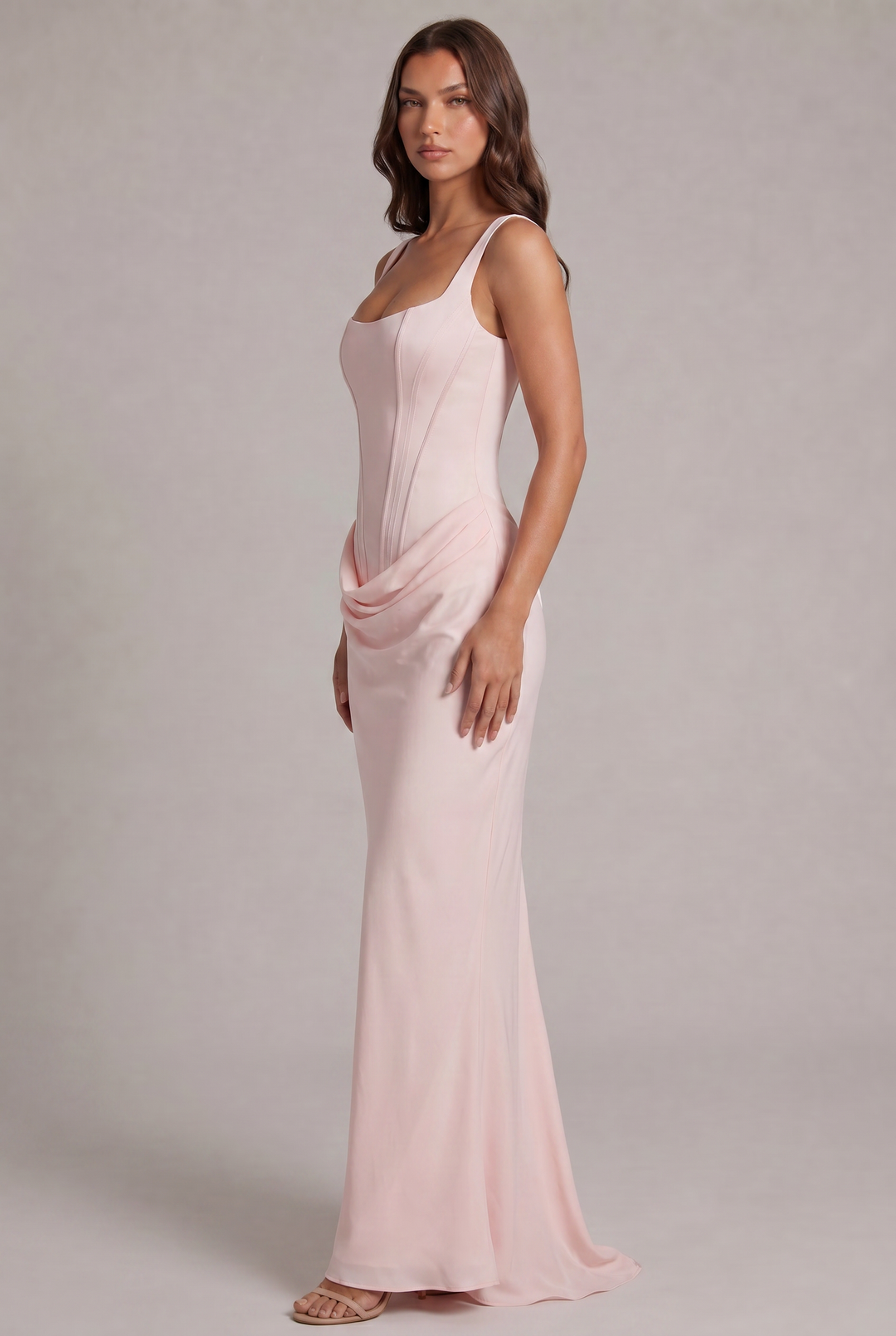 Maxi dress with structured corset bodice and square neckline