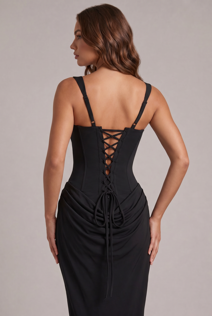 Maxi dress with structured corset bodice and square neckline