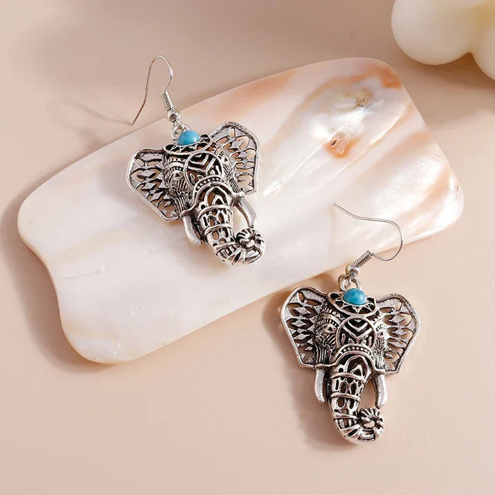 Vintage Elephant Dangle Earrings Silver Bohemian