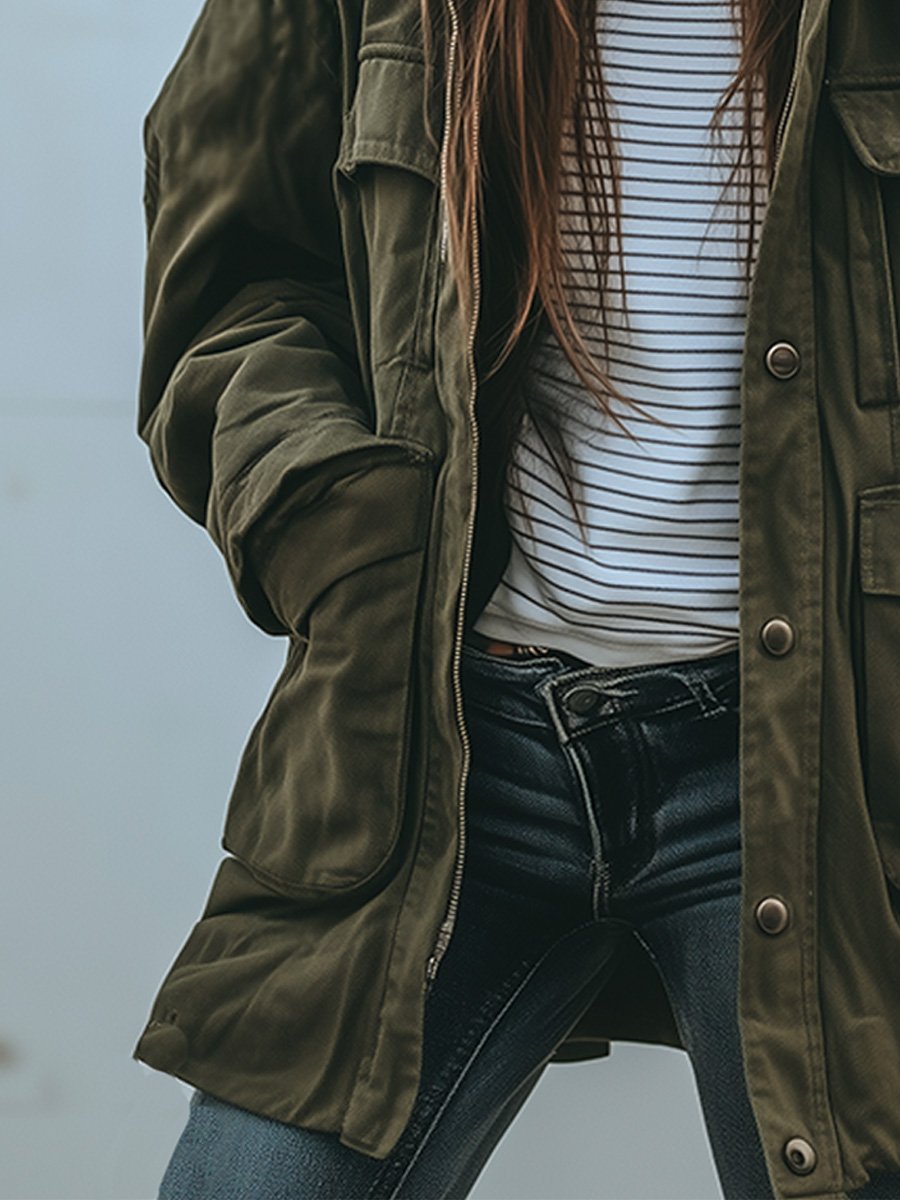 Women's Utility Jacket in Green, Relaxed Military-Style Fit with Pockets