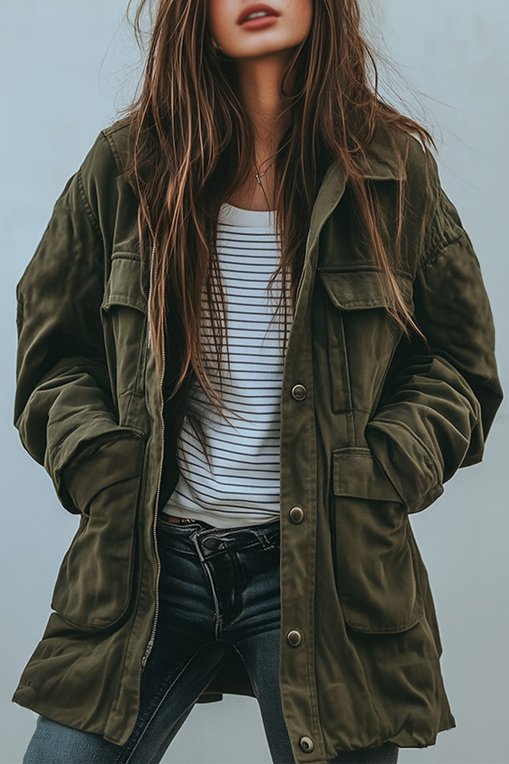Women's Utility Jacket in Green, Relaxed Military-Style Fit with Pockets