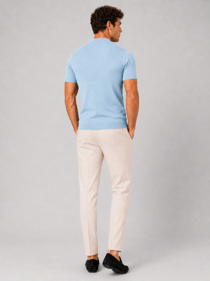 Men's ribbed T-shirt with stand-up collar – fitted stretch short-sleeved top