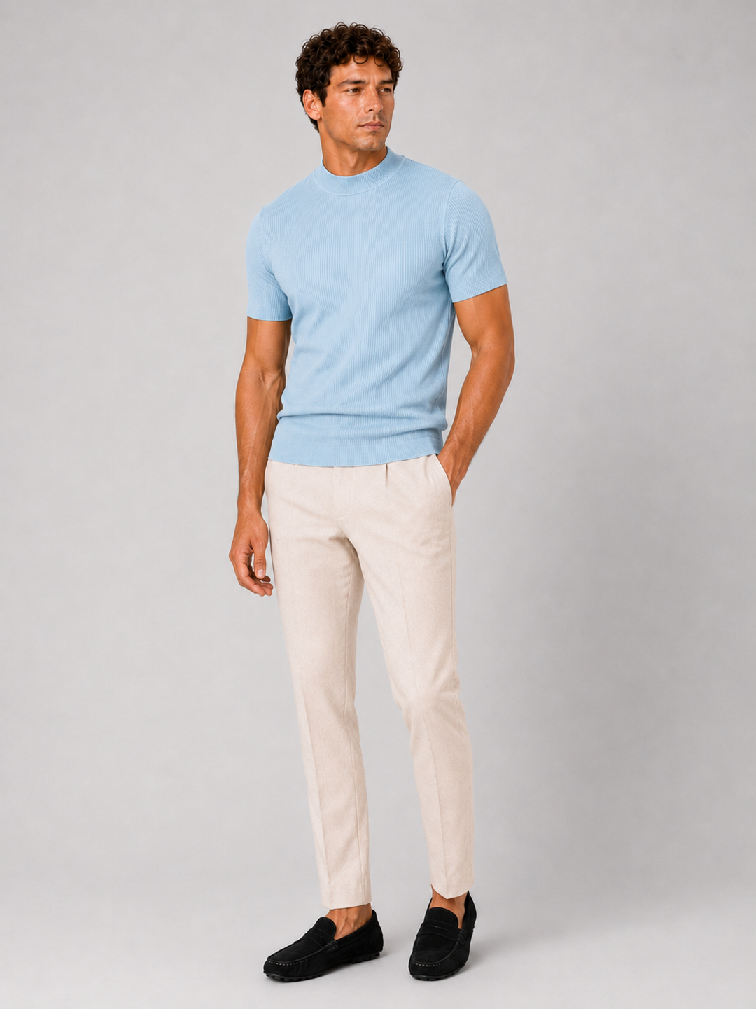 Men's ribbed T-shirt with stand-up collar – fitted stretch short-sleeved top