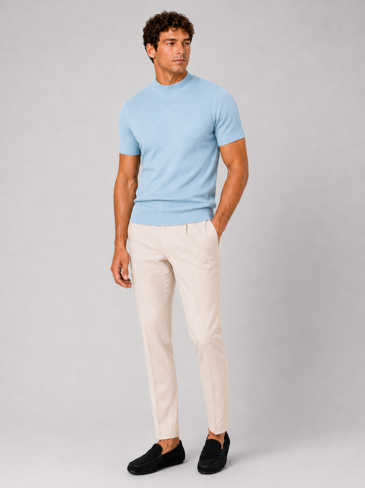 Men's Ribbed Stand-Collar T-Shirt – Fitted Stretch Short-Sleeve Top