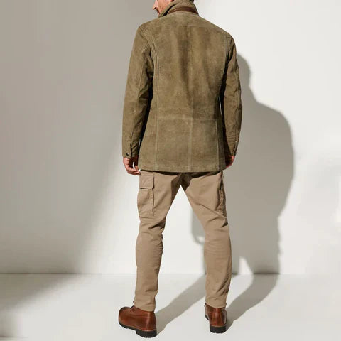Men's Leather Jacket with Button Fastening and Contrast Details