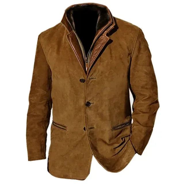 Men's Leather Jacket with Button Fastening and Contrast Details