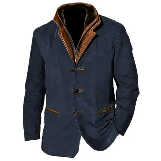 Men's Leather Jacket with Button Fastening and Contrast Details