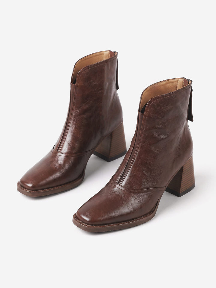 Women's Zip-Up Leather Ankle Boots with Block Heel