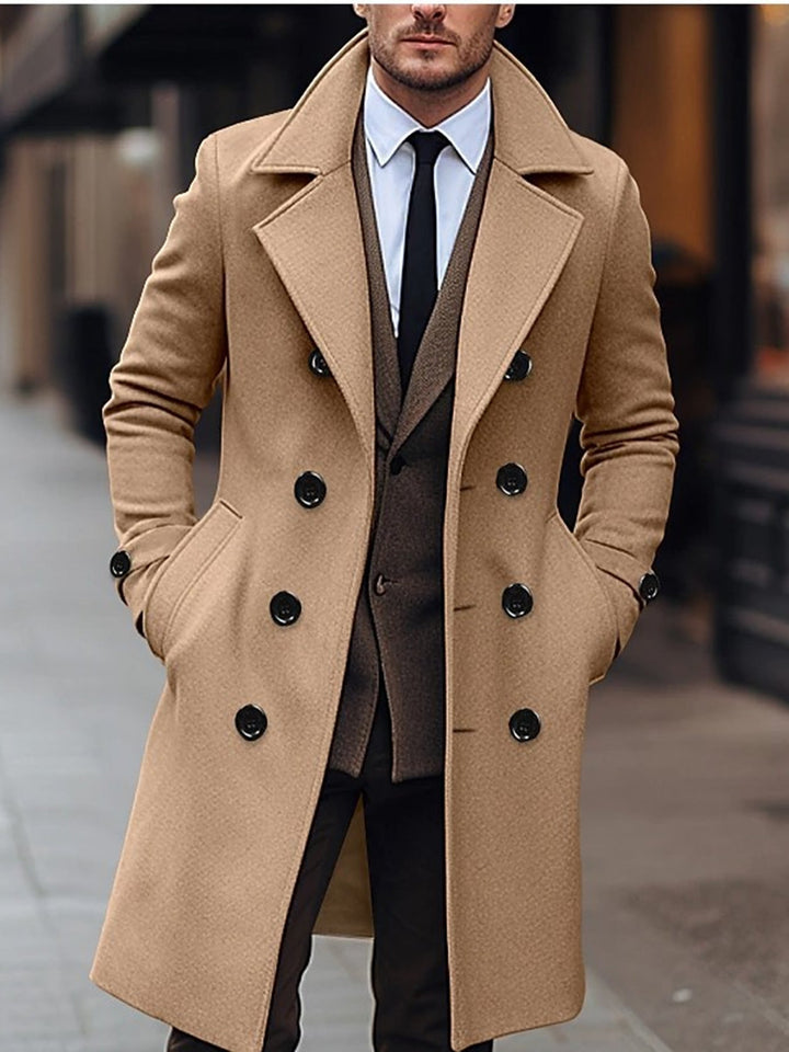 Men's Double-Breasted Trench Coat with Notch Lapels - Knee-Length
