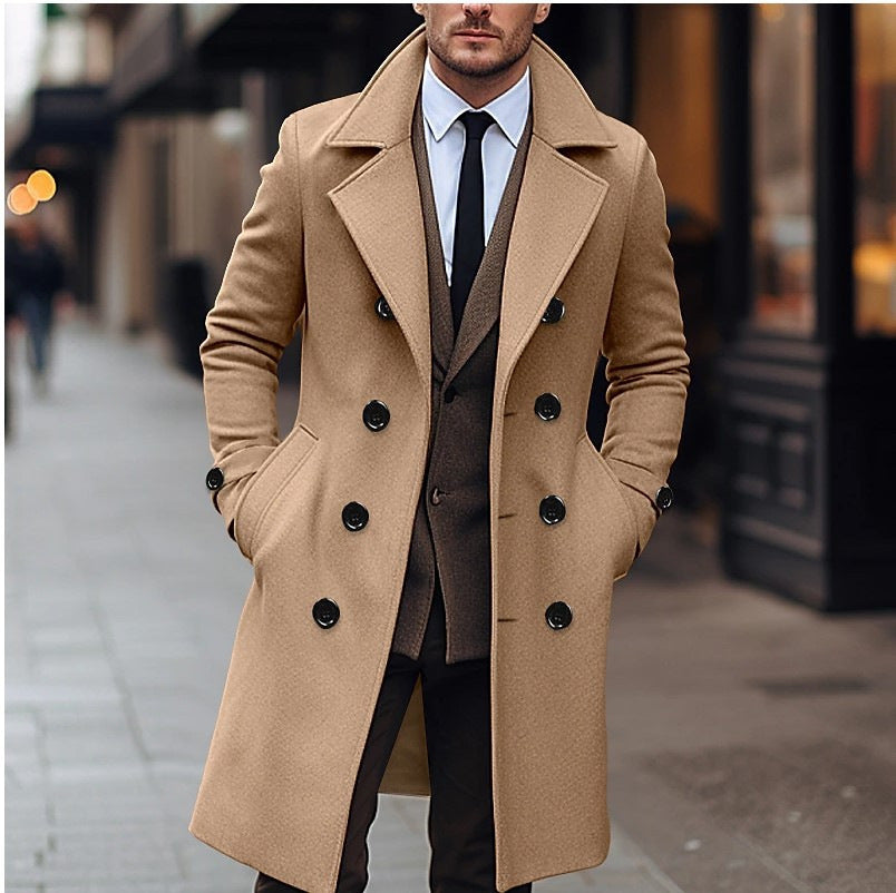 Men's Double-Breasted Trench Coat with Notch Lapels - Knee-Length