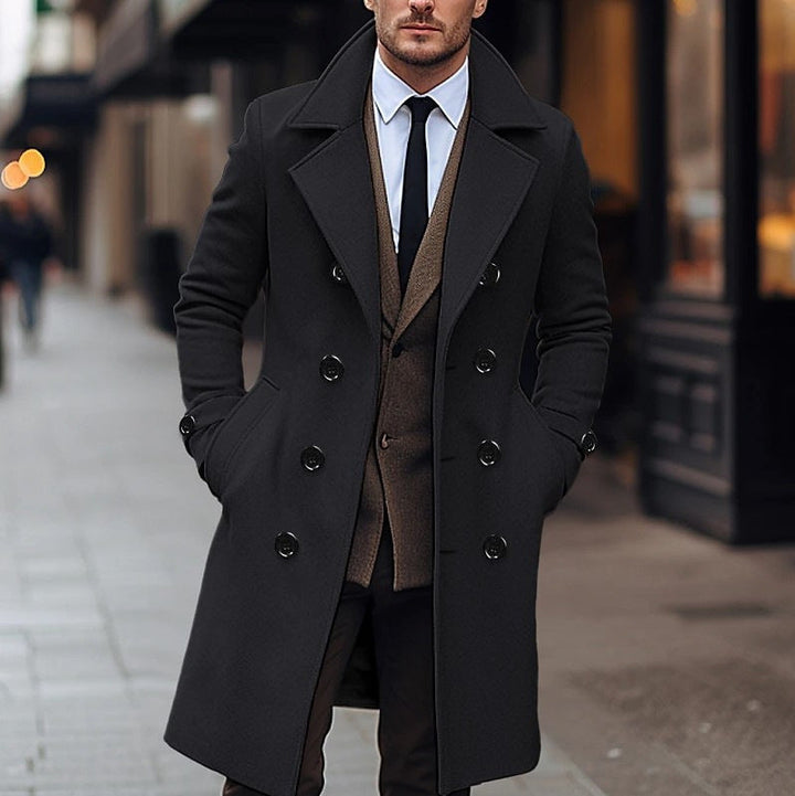 Men's Double-Breasted Trench Coat with Notch Lapels - Knee-Length