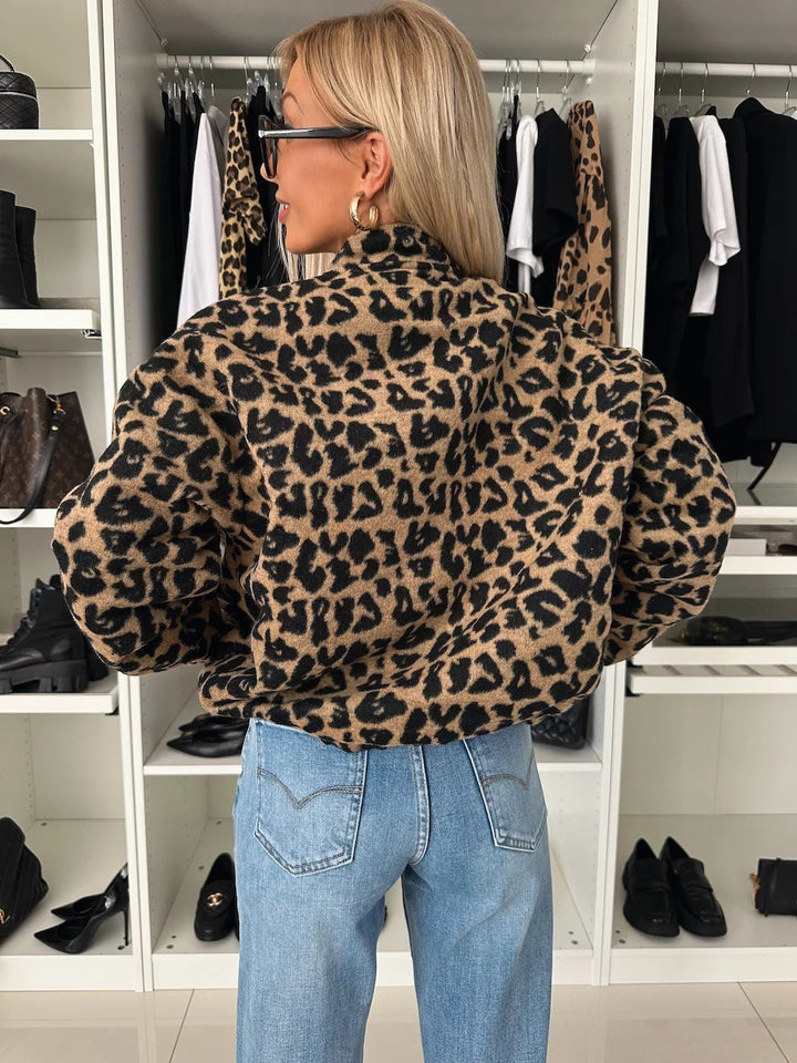 Leopard-Print Bomber-Style Jacket with Front Buttons