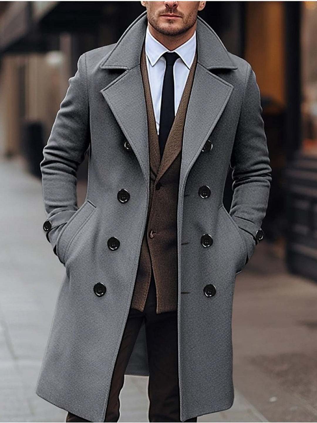 Men's Double-Breasted Trench Coat with Notch Lapels - Knee-Length
