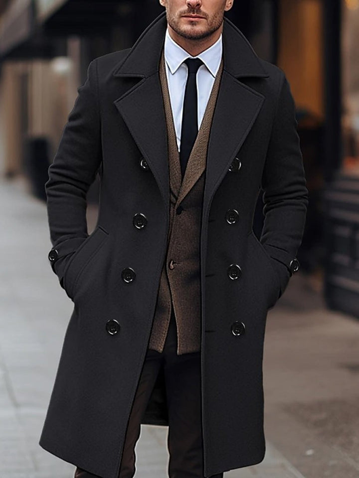 Men's Double-Breasted Trench Coat with Notch Lapels - Knee-Length