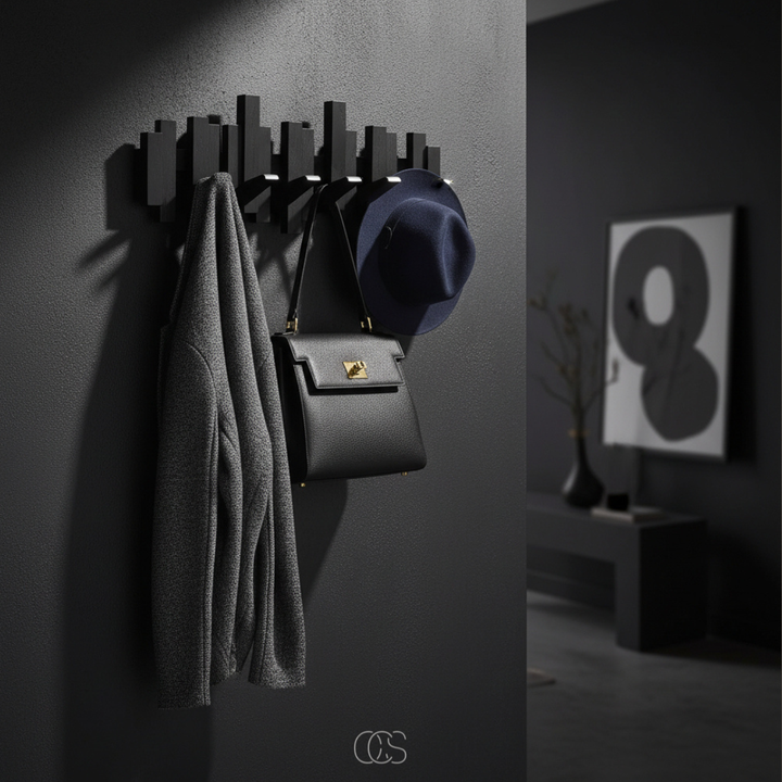 "Piano" wooden wall coat rack with folding hooks – hallway & bedroom