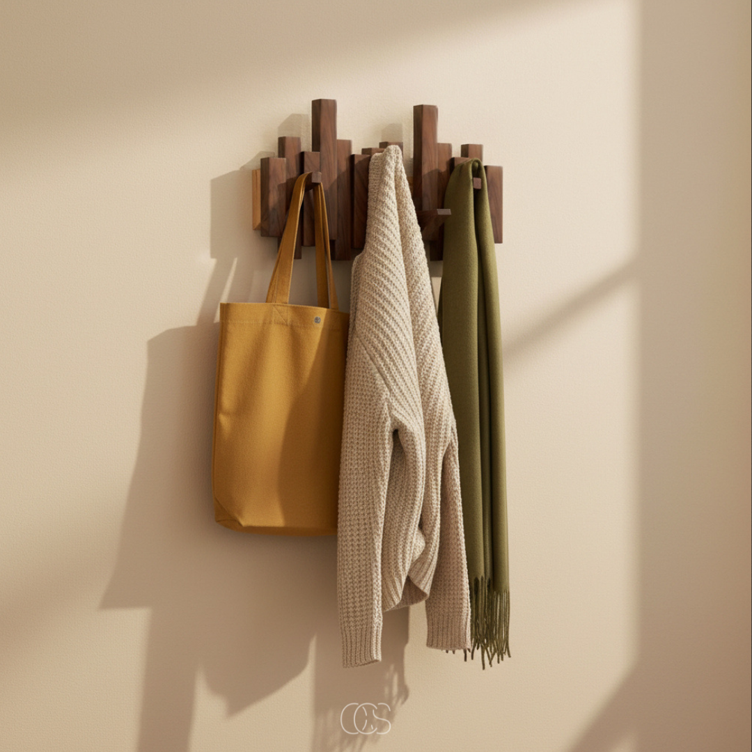 "Piano" wooden wall coat rack with folding hooks – hallway & bedroom