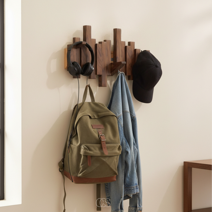 "Piano" wooden wall coat rack with folding hooks – hallway & bedroom