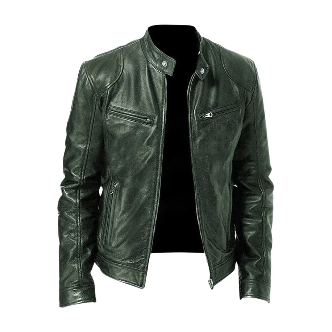 Men's Classic Leather Jacket with Stand Collar