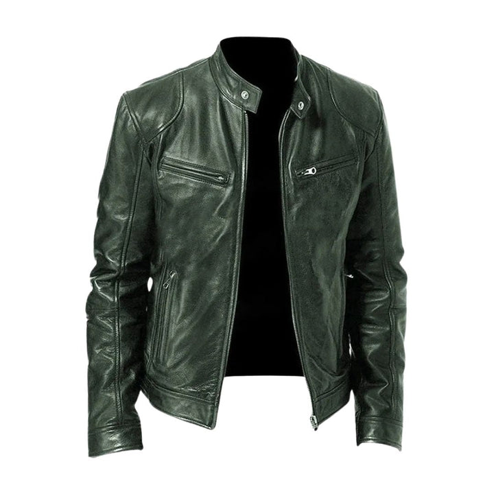 Men's Classic Leather Jacket with Stand Collar