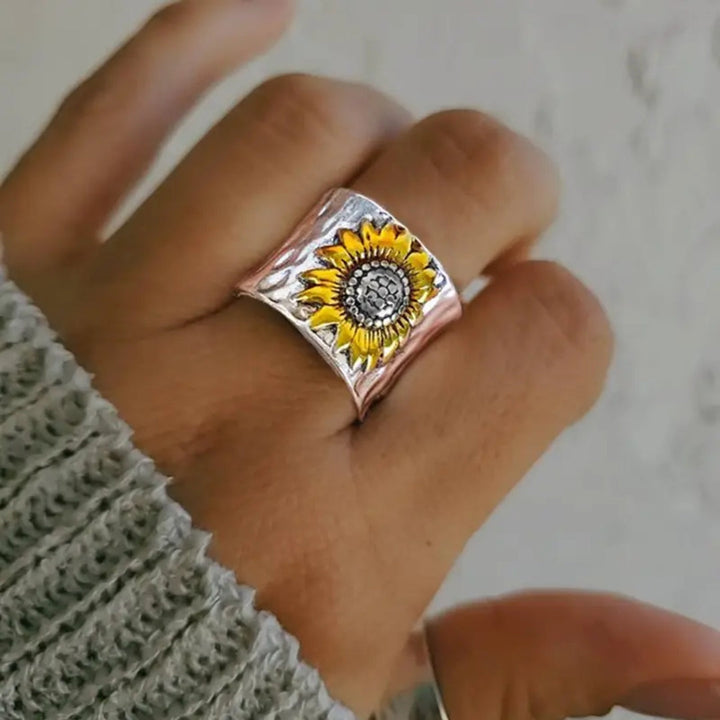 Silver Ring with Sunflower Design