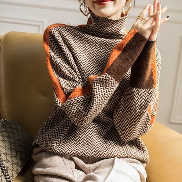 Women's High-Neck Jumper with Bold Contrast Stripes