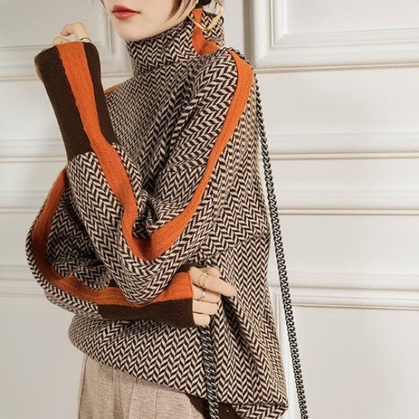 Women's High-Neck Jumper with Bold Contrast Stripes