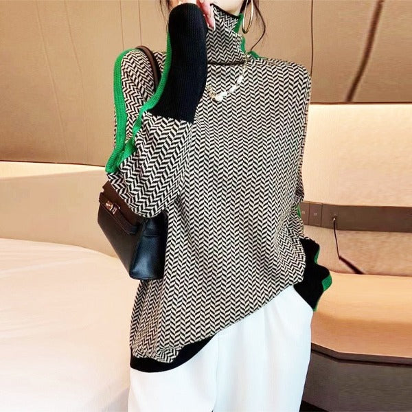 Women's High-Neck Jumper with Bold Contrast Stripes