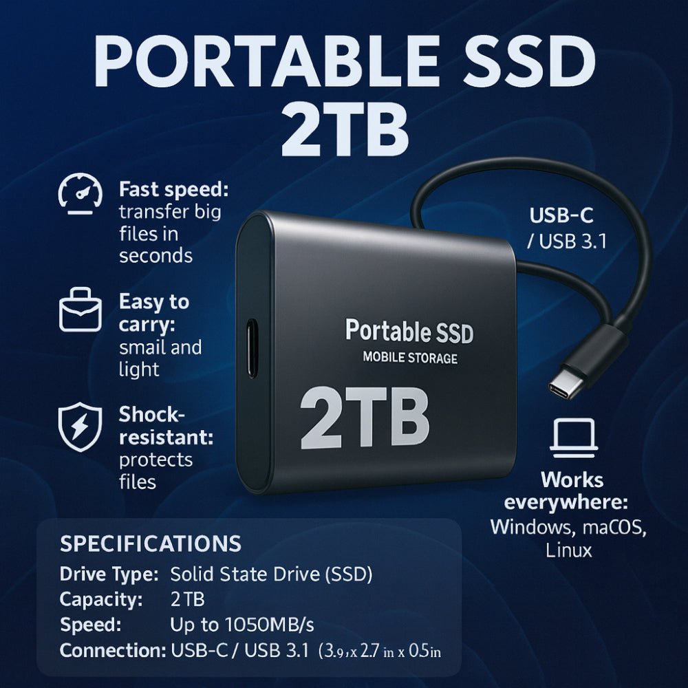 2TB External SSD for Fast File Storage & Transfer