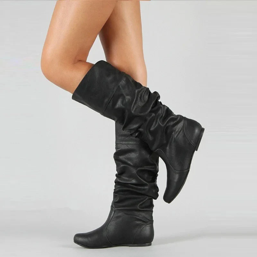 Mid-Calf Pull-On Leather Boots with Flat Sole.