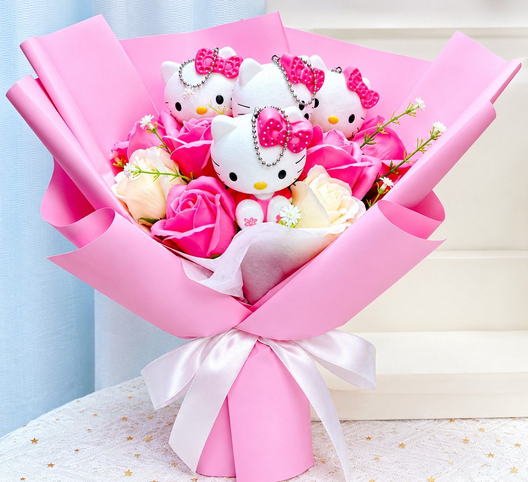 Colourful Synthetic Flower Bouquet With Kitty Figurines For Gifts And Decoration