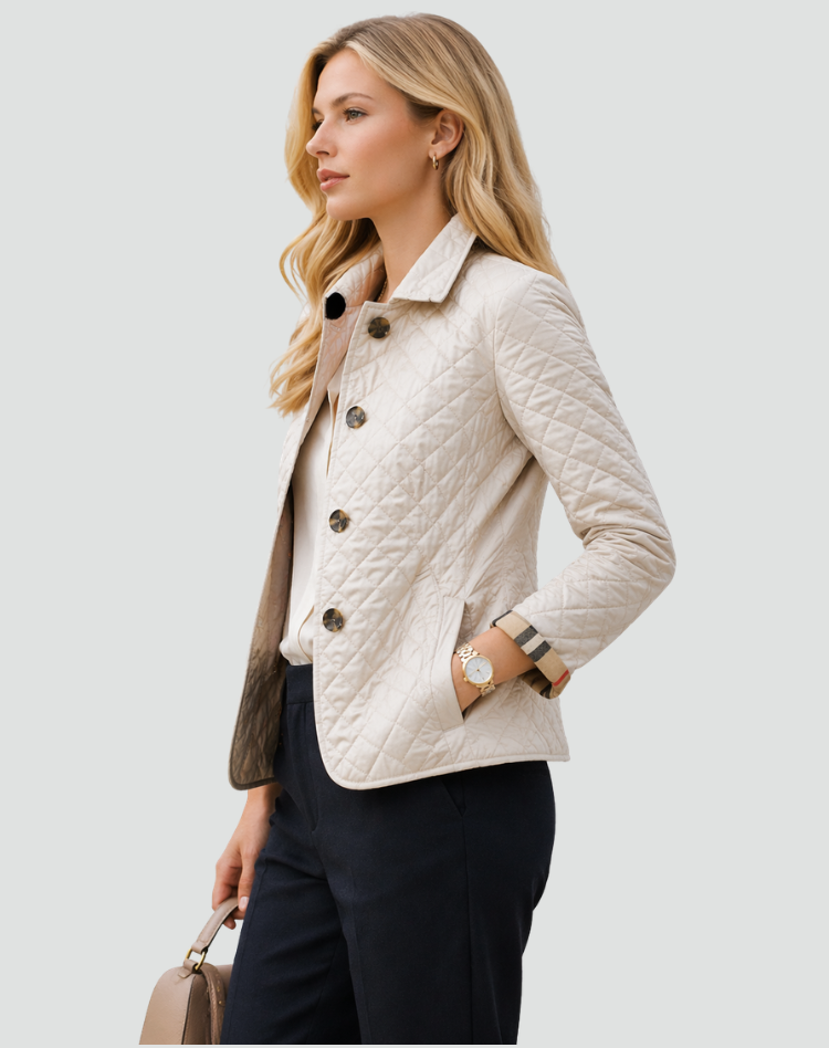 Quilted Puffer Jacket with Button Front and Diamond Stitching