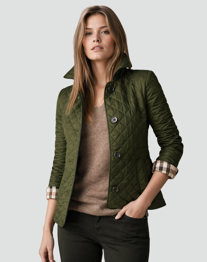 Quilted Puffer Jacket with Button Front and Diamond Stitching