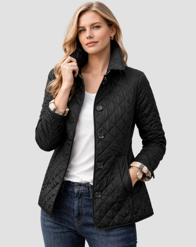Quilted Puffer Jacket with Button Front and Diamond Stitching
