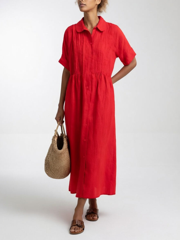 Casual Cotton Maxi Shirt Dress with Button Placket and Short Sleeves