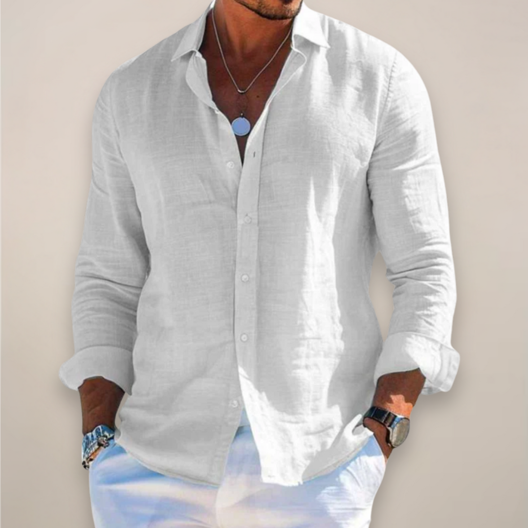 Men's Relaxed-Fit Long-Sleeve Linen Shirt with Button Front