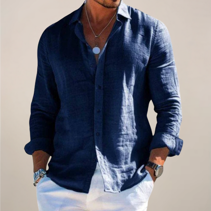Men's Relaxed-Fit Long-Sleeve Linen Shirt with Button Front