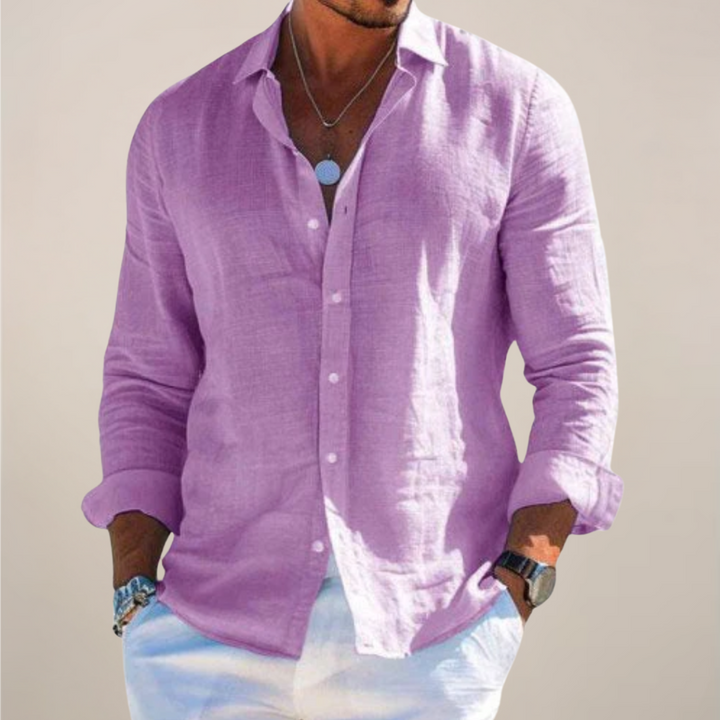 Men's Relaxed-Fit Long-Sleeve Linen Shirt with Button Front