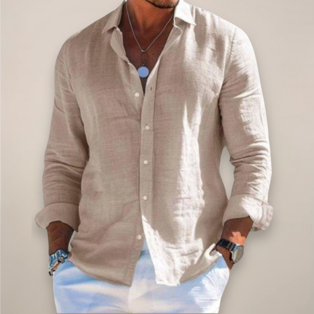 Men's Relaxed-Fit Long-Sleeve Linen Shirt with Button Front