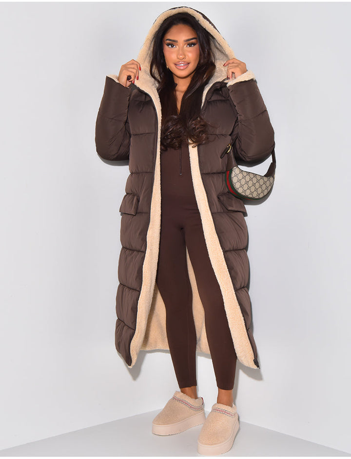 Women's Reversible Ankle-Length Hooded Quilted Coat