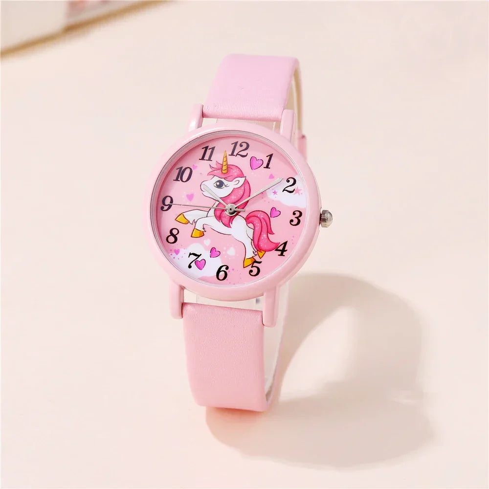 Kids' Watch with Cute Unicorn – PU Leather Strap and Cartoon Design