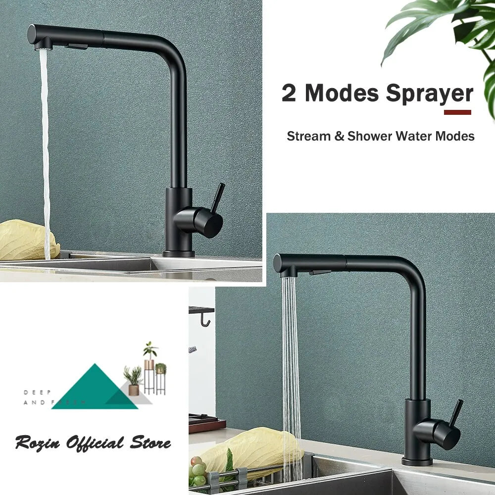 Black Pull-Out Kitchen Tap – Flexible 2-Mode Nozzle for Stream and Spray, Stainless Steel Mixer for Hot and Cold Water