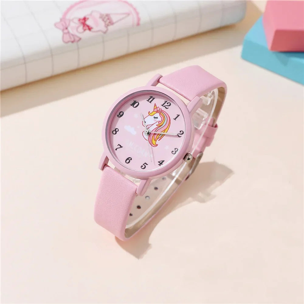 Kids' Watch with Cute Unicorn – PU Leather Strap and Cartoon Design
