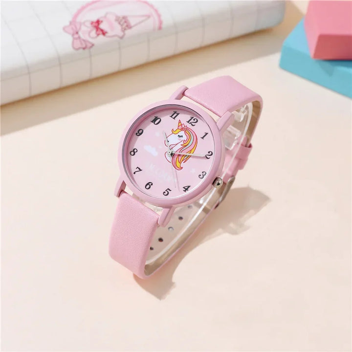 Kids' Watch with Cute Unicorn – PU Leather Strap and Cartoon Design