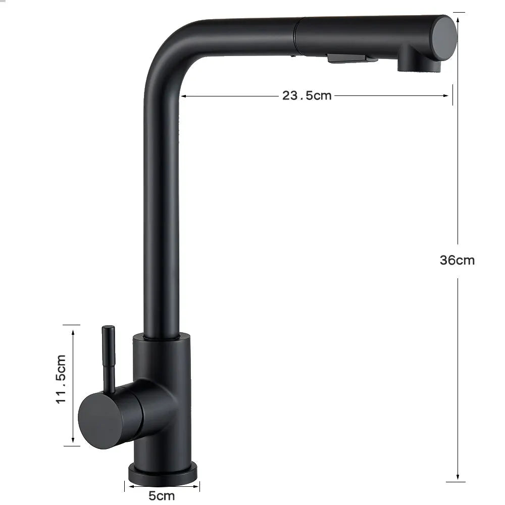 Black Pull-Out Kitchen Tap – Flexible 2-Mode Nozzle for Stream and Spray, Stainless Steel Mixer for Hot and Cold Water