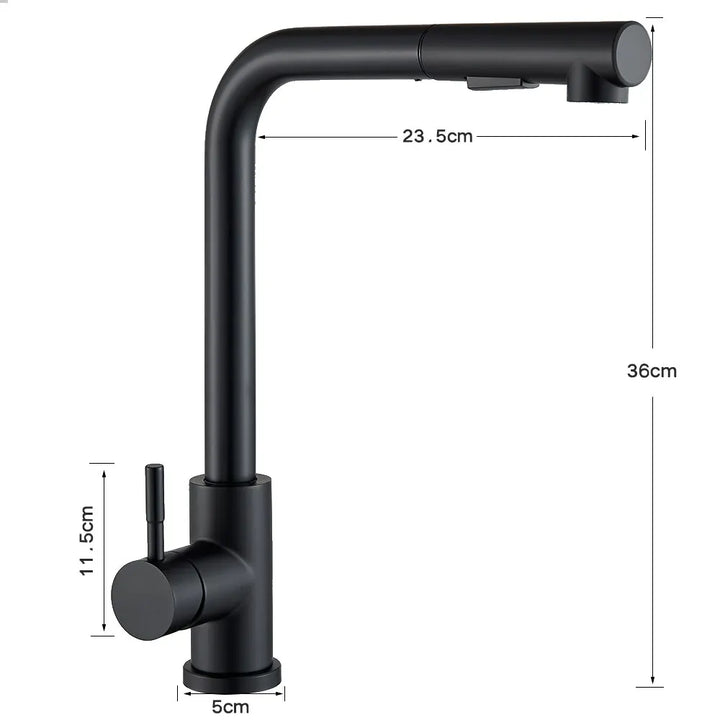 Black Pull-Out Kitchen Tap – Flexible 2-Mode Nozzle for Stream and Spray, Stainless Steel Mixer for Hot and Cold Water