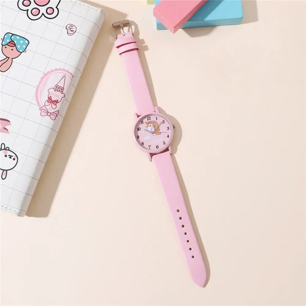 Kids' Watch with Cute Unicorn – PU Leather Strap and Cartoon Design