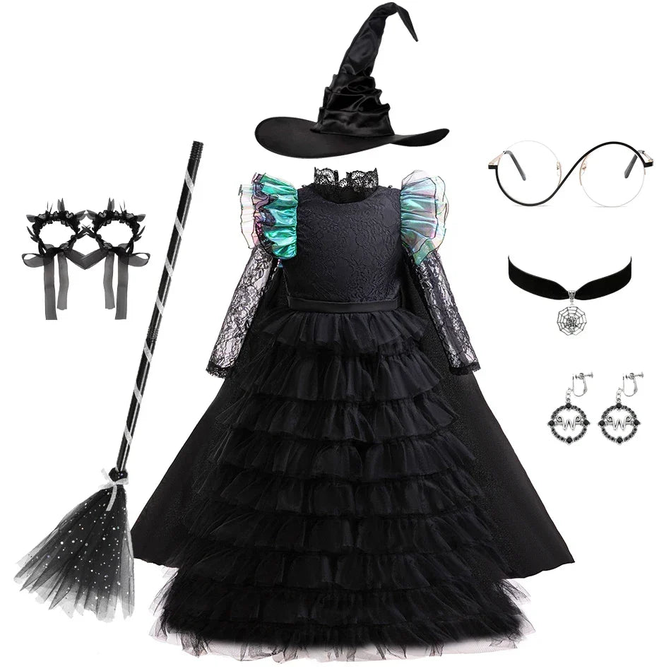 Girls' Witch Dress Costume - Emerald Green Ball Gown with Tulle Skirt