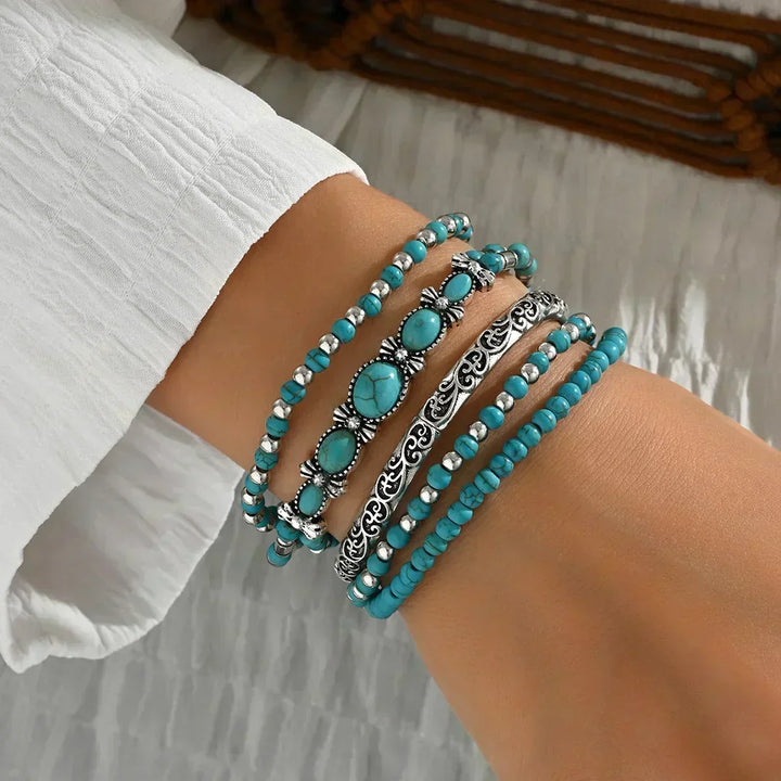 Set of 5 Bracelets with Turquoise Beads and Silver-Coloured Details.
