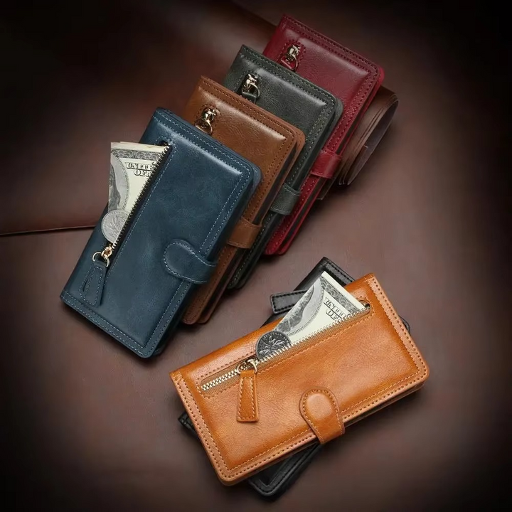 Premium Leather Flip Wallet for iPhone & Case with Stand