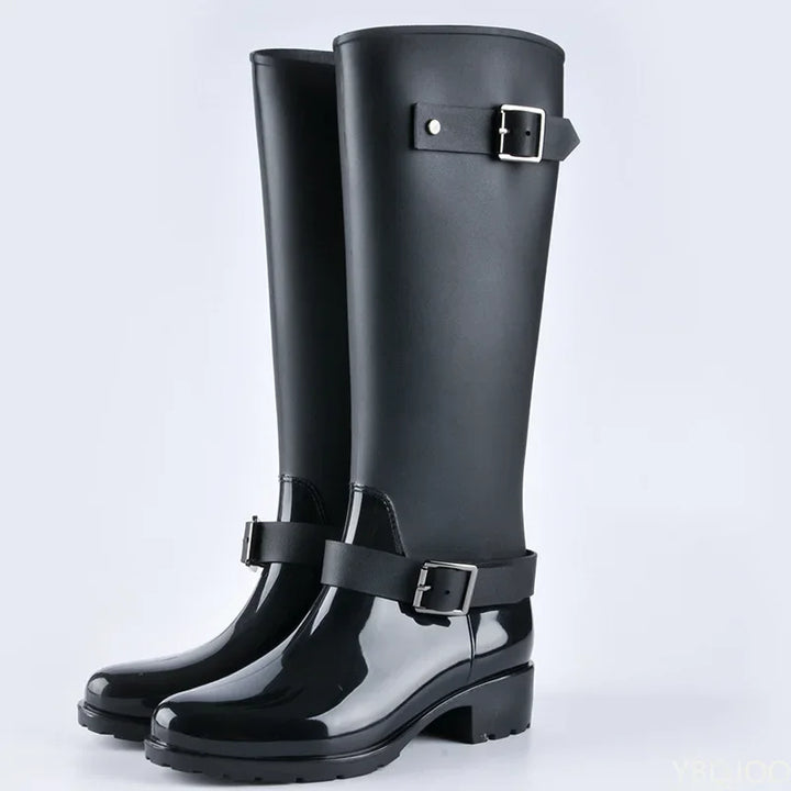 Tall Women's Waterproof Wellington Boots with Buckles & Block Heel – Elenya